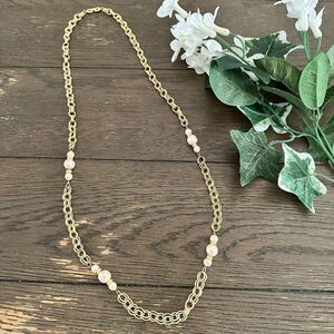 RICHELIEU Gold‎ Tone Interlocking Chain with Faux Pearl Long Necklace